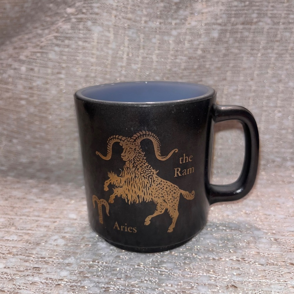 Federal Glass Aries Zodiac Mug Black Gold Ram Milk Glass USA Made Vintage